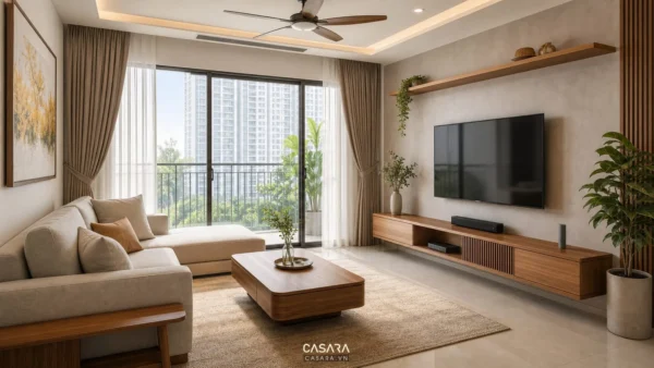 Phòng khách chung cư có sofa sáng màu, kệ tivi gỗ và cửa kính lớn đón sáng