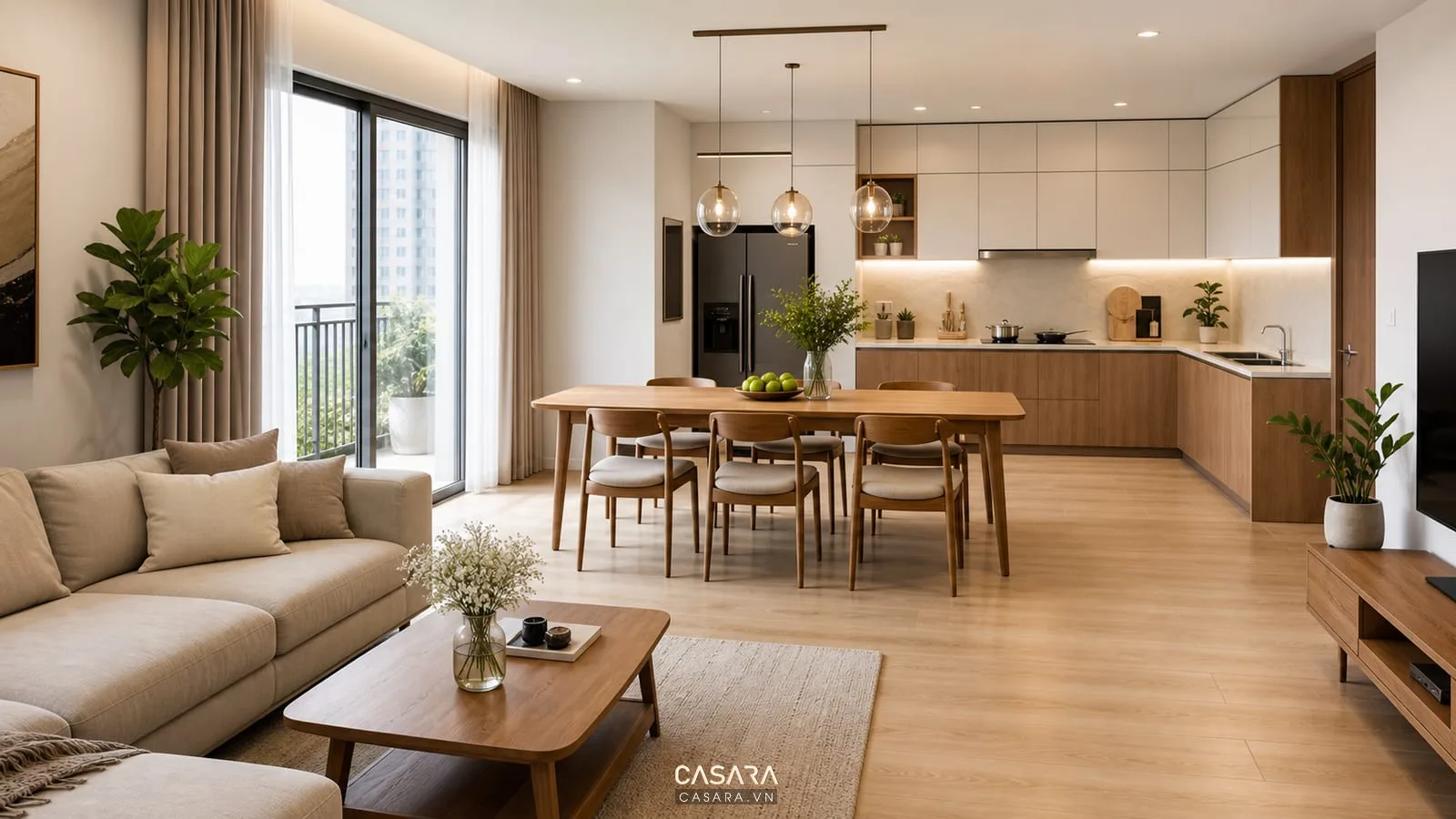 Các thiết kế chung cư đẹp với phòng khách liền bếp và bàn ăn gỗ
