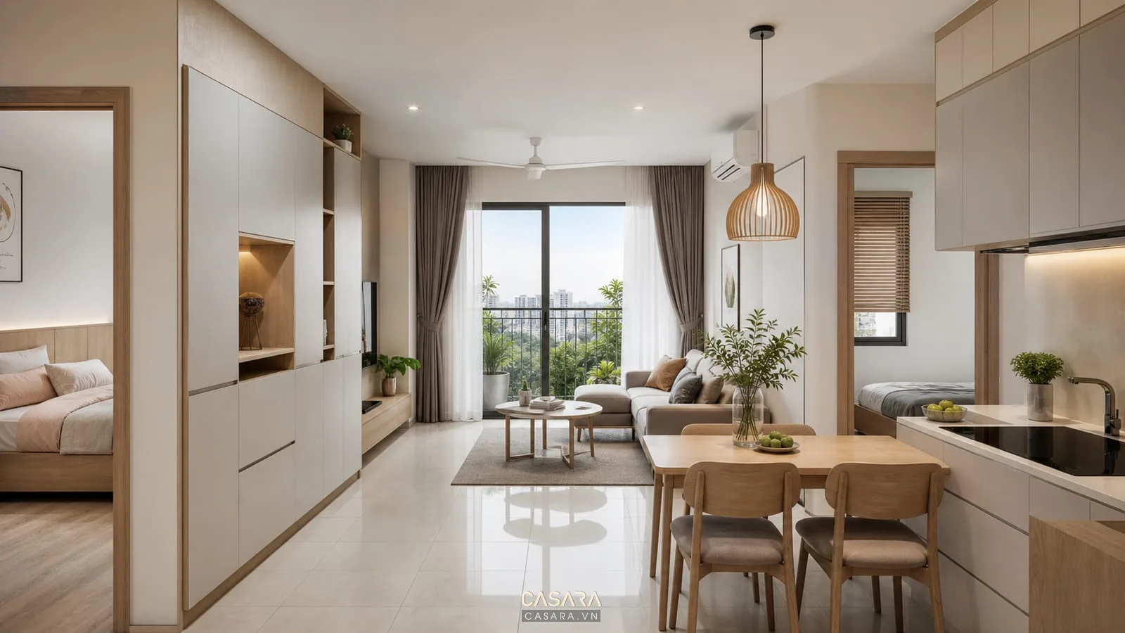 Thiết kế chung cư 68m2 với phòng khách bếp liên thông và hai phòng ngủ gọn