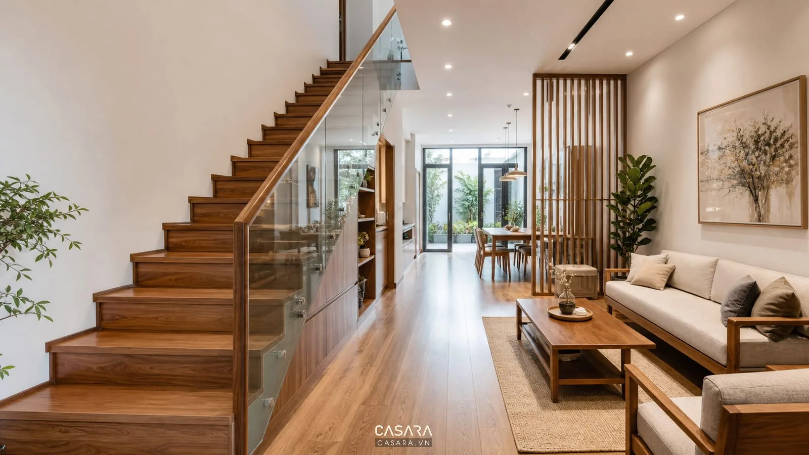 Mẫu cầu thang gỗ đẹp cho nhà ống với lan can kính