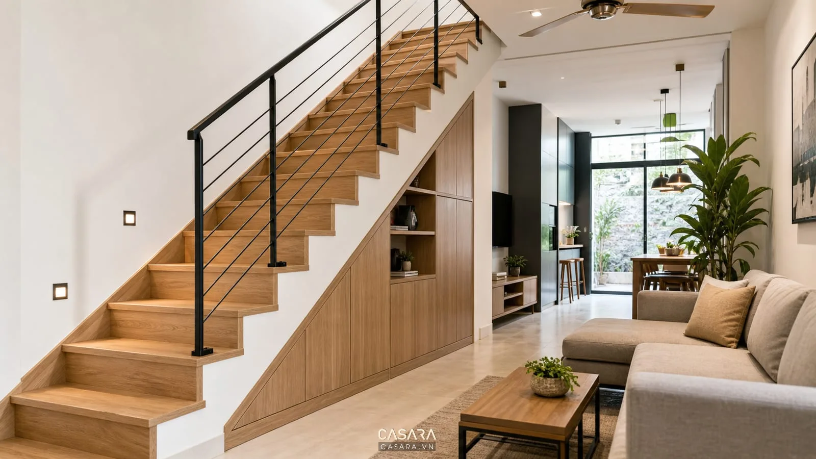 Mẫu cầu thang gỗ thẳng đẹp cho nhà ống với tủ gầm thang và lan can mảnh