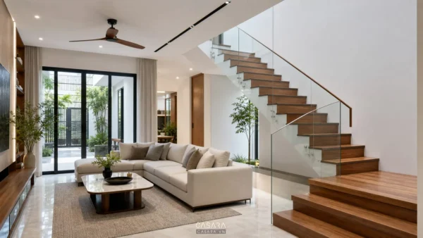 Cầu thang hiện đại trong phòng khách nhà phố với bậc gỗ, lan can kính, tường trắng, sofa trung tính và ánh sáng tự nhiên
