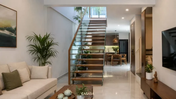 cầu thang nhà ống hiện đại với bậc gỗ lan can kính và giếng trời