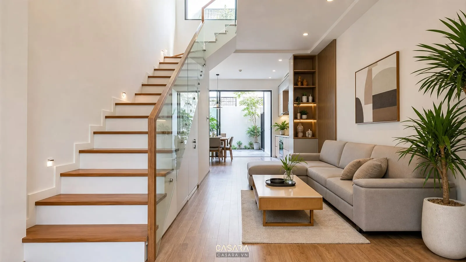 cầu thang nhà ống lan can kính bậc gỗ cho phòng khách hiện đại