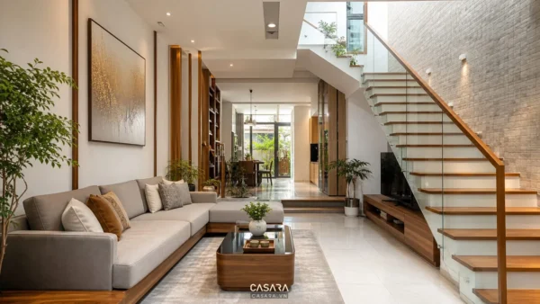 Cầu thang nhà phố đẹp với bậc gỗ và lan can kính trong phòng khách hiện đại