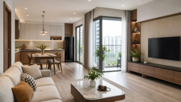 Các mẫu nhà chung cư đẹp với phòng khách liền bếp sáng thoáng và nội thất hiện đại