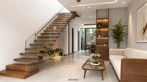 cầu thang nhà ống đẹp với bậc gỗ và tay vịn kính trong phòng khách hiện đại