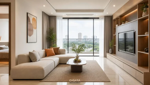 Phòng khách chung cư sáng thoáng với sofa góc thấp, bàn trà và kệ tivi âm tường