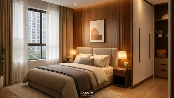 Phòng ngủ chung cư có giường bọc nệm, vách gỗ và ánh sáng ấm
