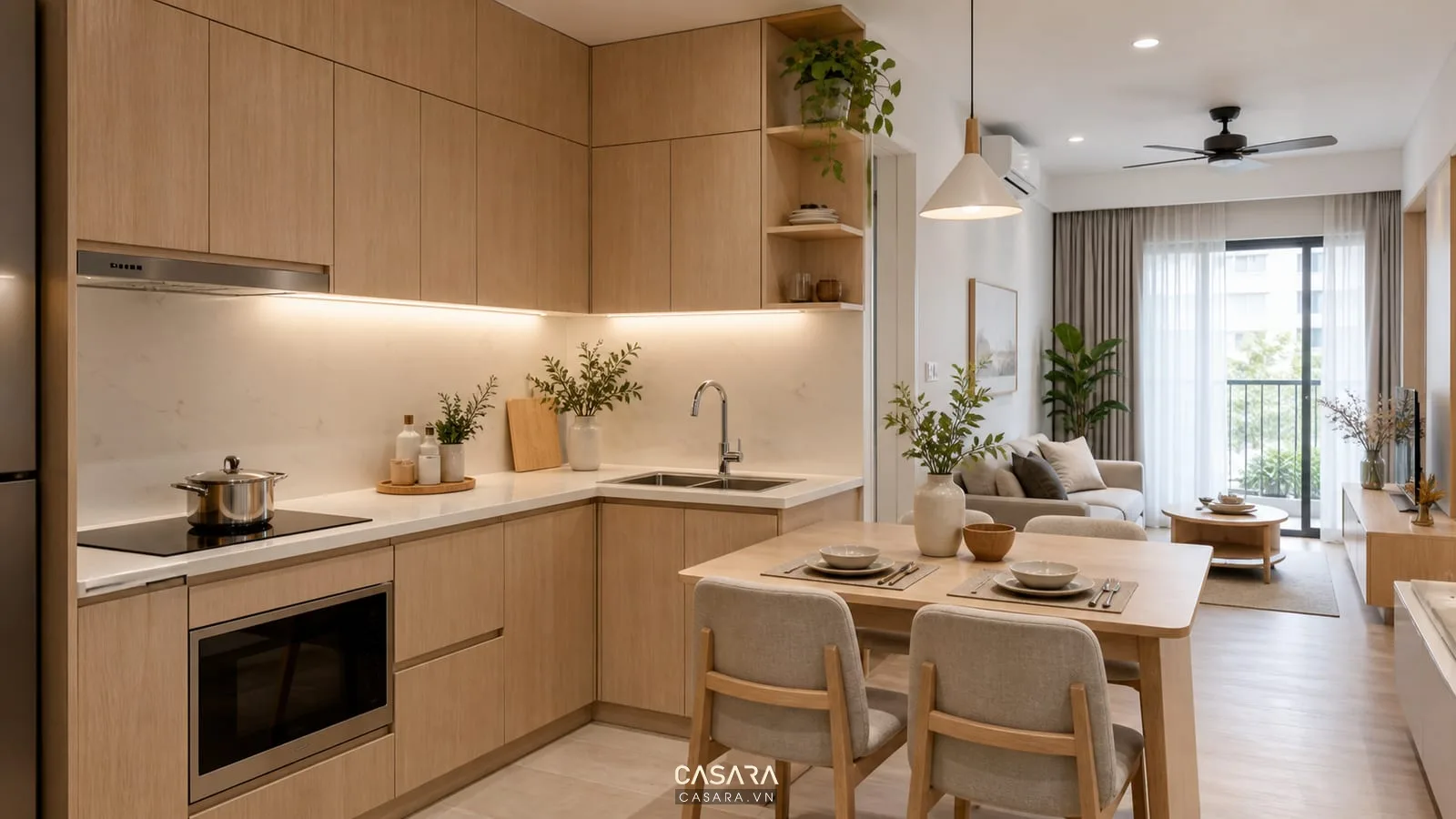 bố trí căn hộ chung cư 60m2 với phòng khách bếp và bàn ăn gọn gàng
