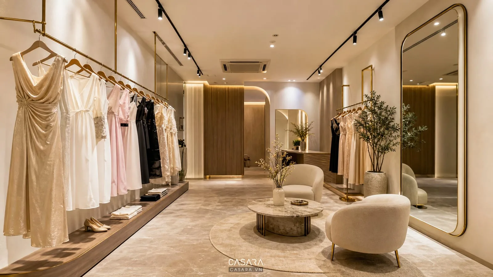 mẫu thiết kế shop quần áo nữ với váy áo gương lớn và ánh sáng mềm