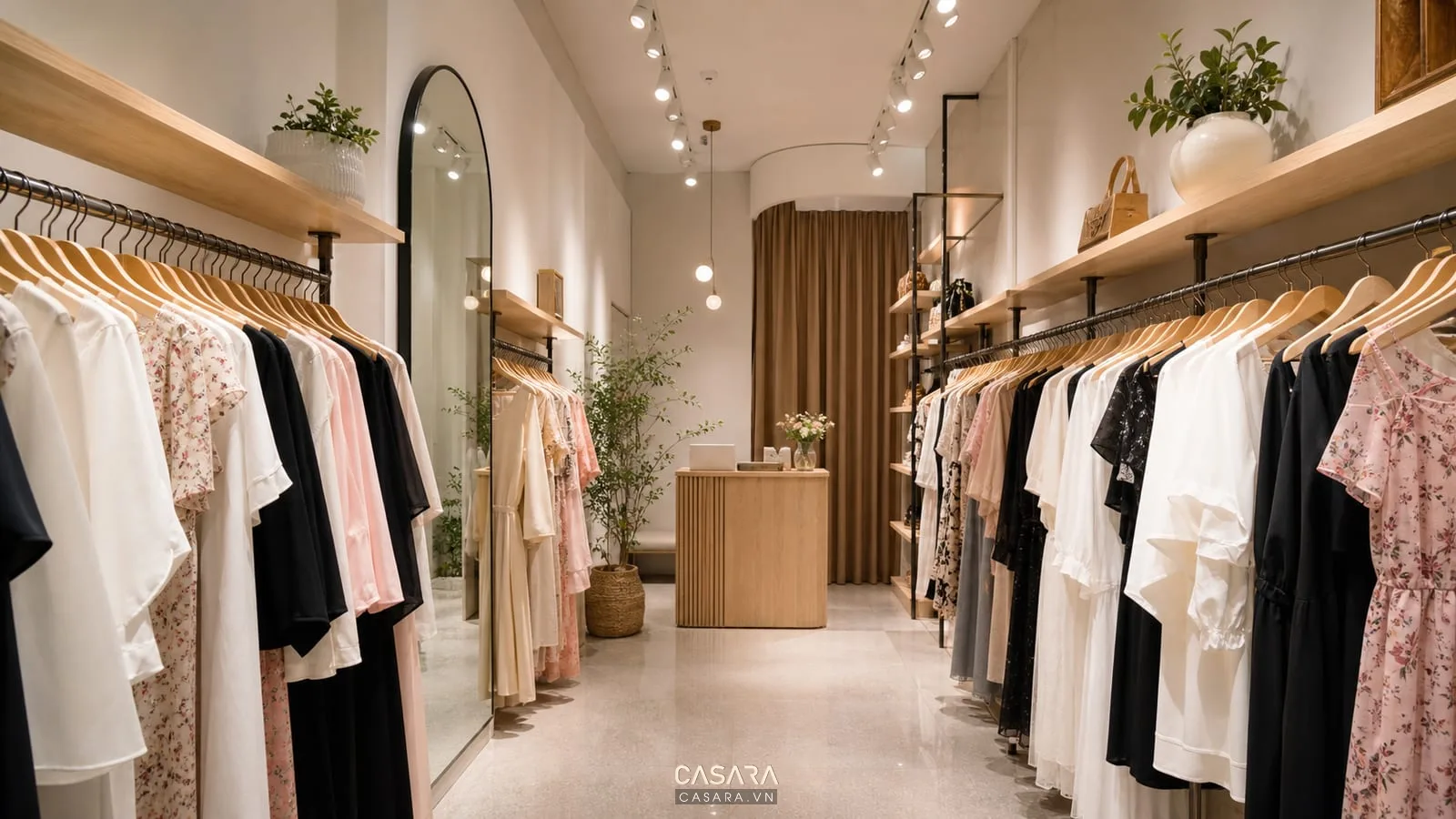 khu vực thử đồ shop quần áo có gương đứng rèm và ghế nhỏ