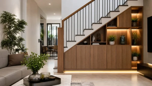 gầm cầu thang nhà ống hiện đại có tủ gỗ, kệ trang trí và cây xanh