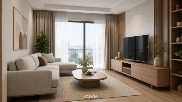 phòng khách đẹp hiện đại với sofa vải sáng màu kệ tivi gỗ thảm trung tính và rèm cửa