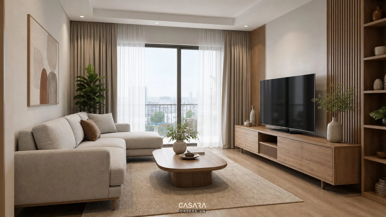 Phòng khách đẹp hiện đại trong căn hộ với sofa vải trung tính, bàn trà thấp, kệ tivi gỗ, thảm sáng màu và cửa kính lớn
