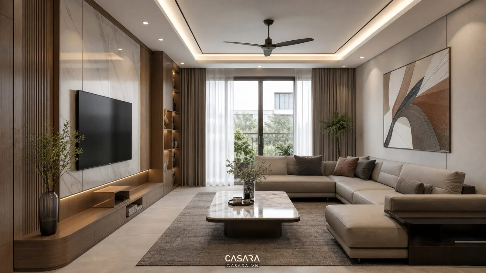 phòng khách hiện đại sang trọng với sofa chữ L vách tivi gỗ veneer mặt đá và đèn hắt trần