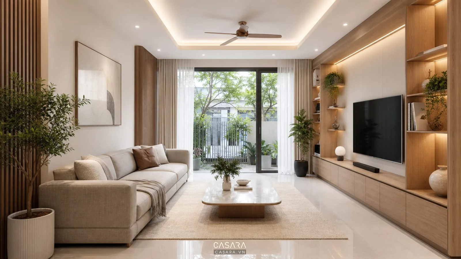 phòng nội thất đẹp với vách tivi đá và sofa xám trong phòng khách