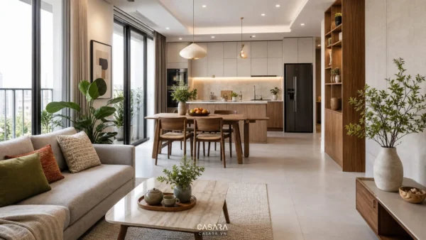 Phòng khách liền bếp với sofa sáng màu, bàn ăn gỗ và hệ tủ bếp gọn gàng