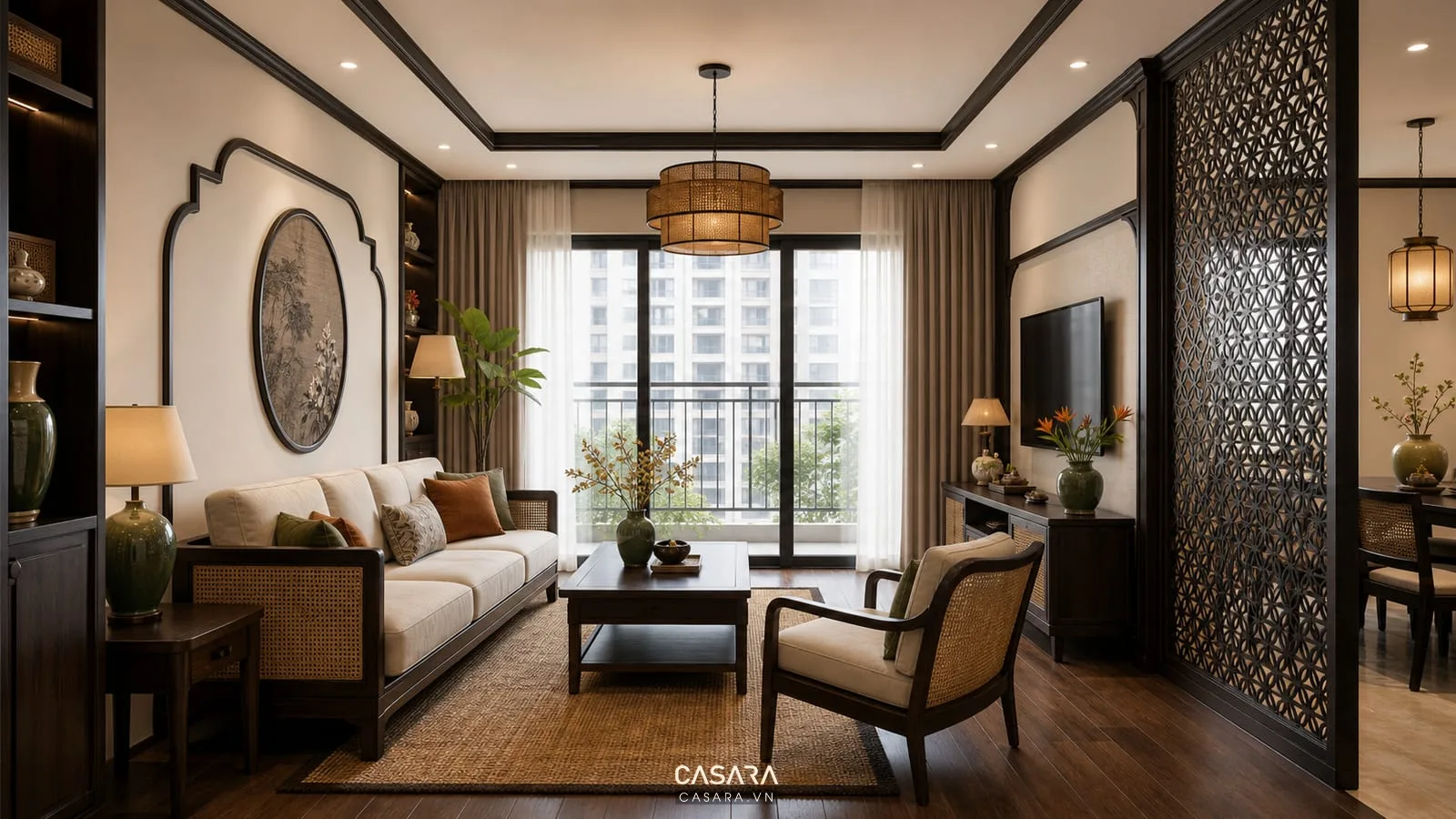 Thiết kế chung cư phong cách indochine với phòng khách gỗ tối và họa tiết Á Đông