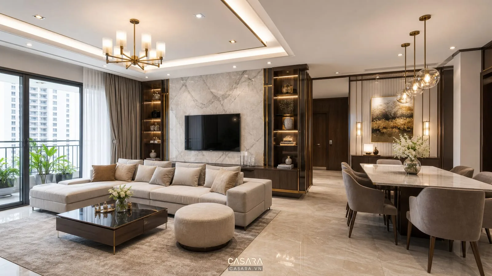 Phòng khách chung cư phong cách luxury tân cổ điển với sofa và mảng đá trang trí