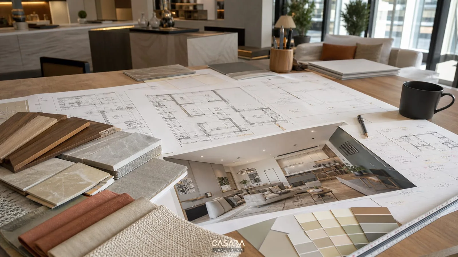 Bản vẽ thiết kế nội thất chung cư với mẫu vật liệu gỗ đá vải và ghi chú ánh sáng ổ cắm