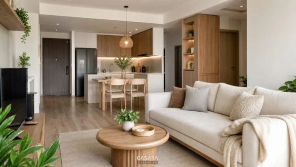 Nội thất chung cư phòng khách liền bếp phong cách hiện đại với sofa sáng màu và tủ bếp gỗ
