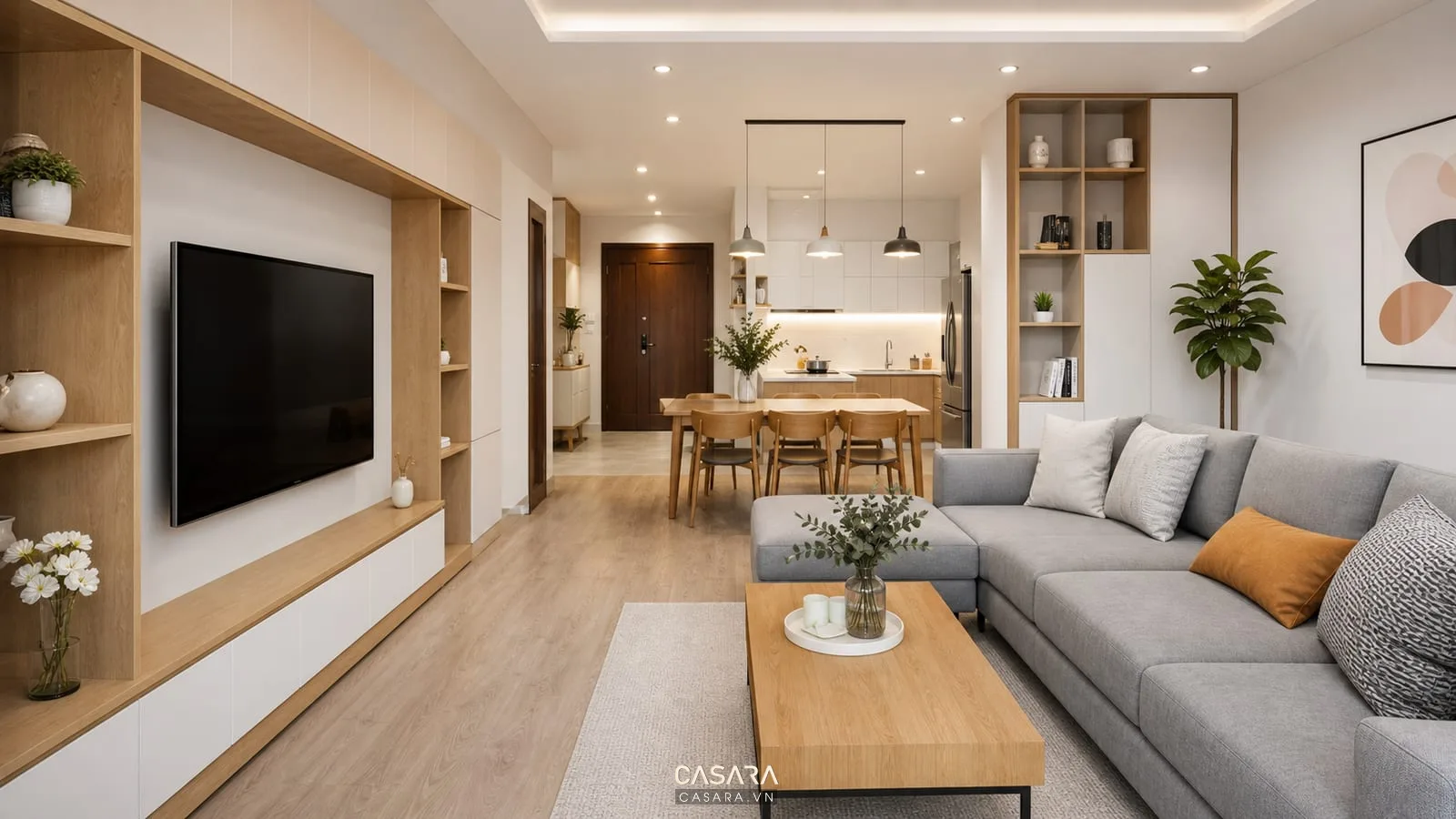 Phòng khách đẹp chung cư phong cách modern với sofa chữ L và ban công sáng