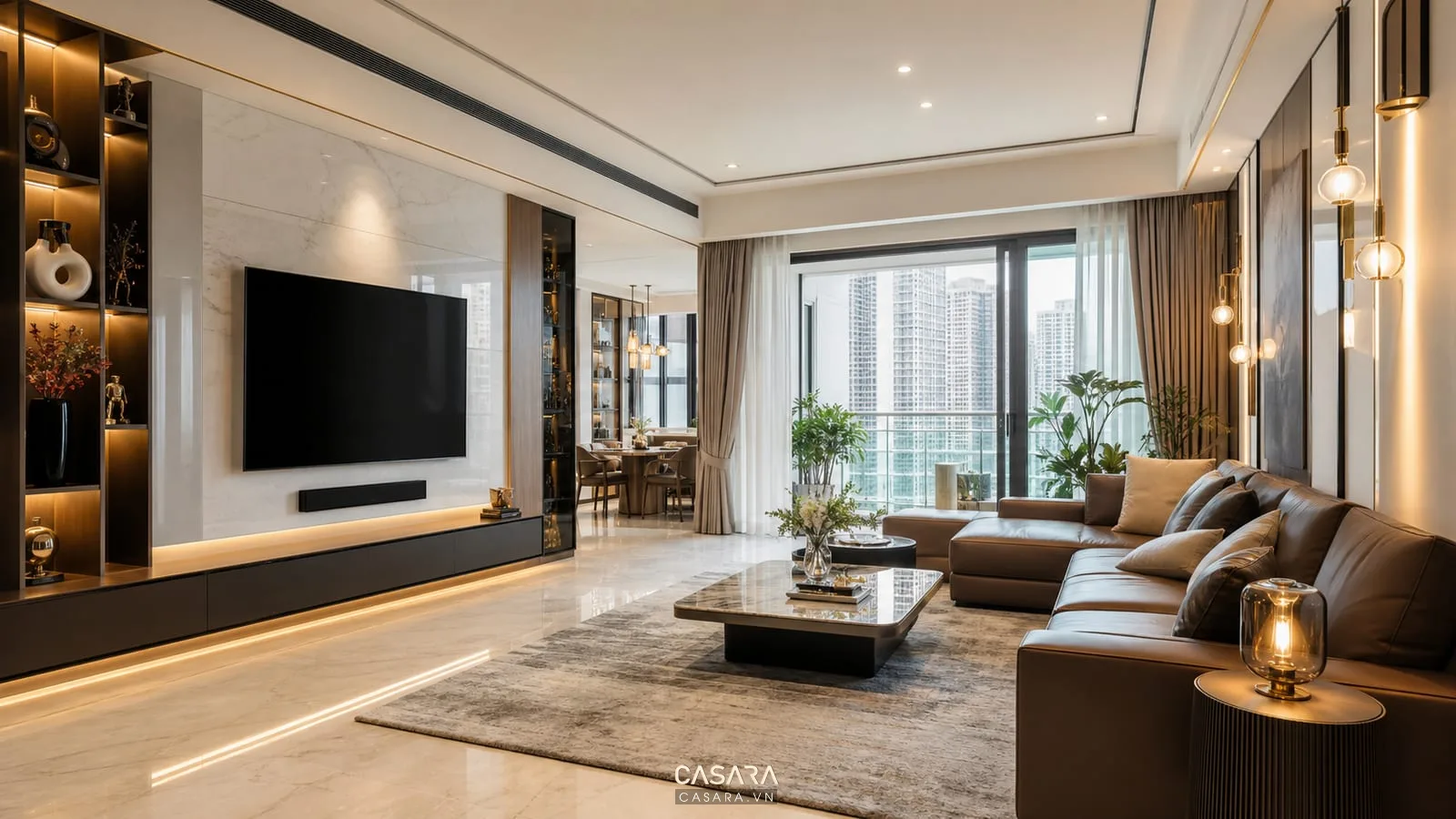 nội thất chung cư Vinhome hiện đại với phòng khách vách tivi và tủ kệ đồng bộ