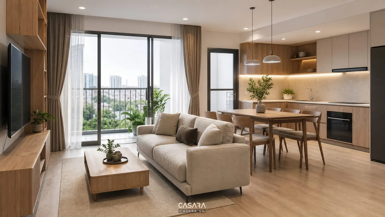 thiết kế nhà chung cư đẹp với phòng khách bếp mở