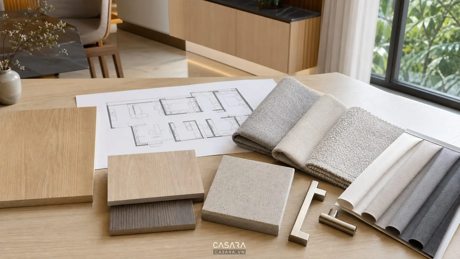 thiết kế chung cư đẹp với bảng vật liệu gỗ đá vải