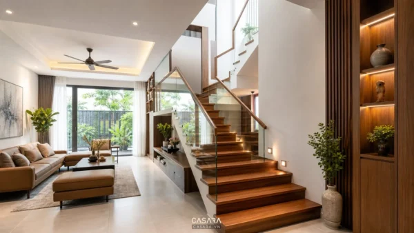 Cầu thang đẹp trong nhà phố hiện đại với bậc gỗ và tay vịn kính