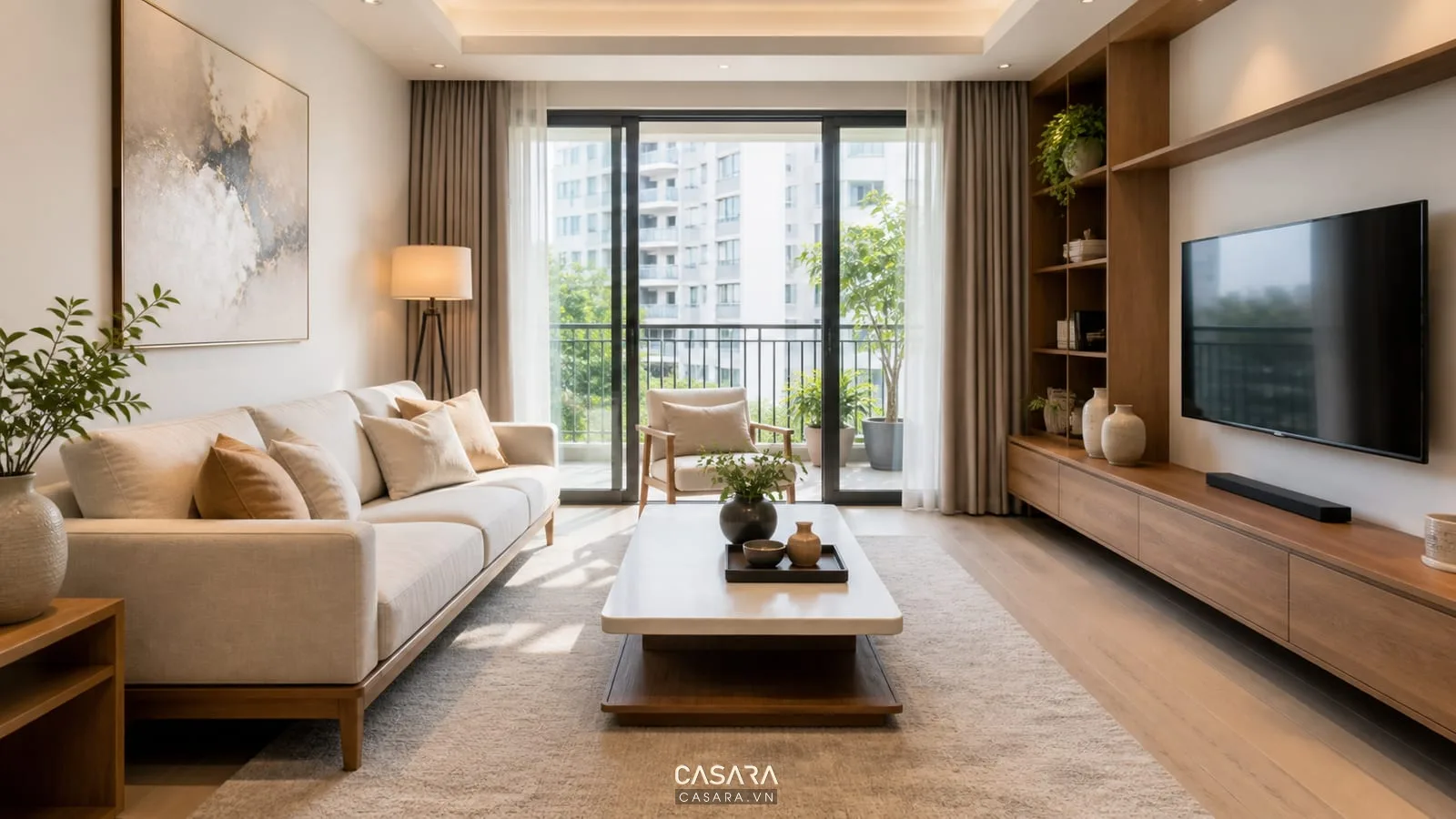 phòng khách đẹp hiện đại với sofa sáng màu bàn trà và kệ tivi gỗ