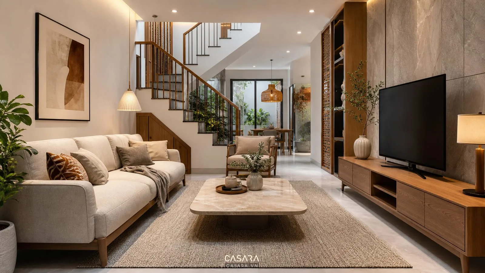 nội thất phòng khách đẹp gồm sofa bàn trà mặt đá kệ tivi gỗ và thảm lớn