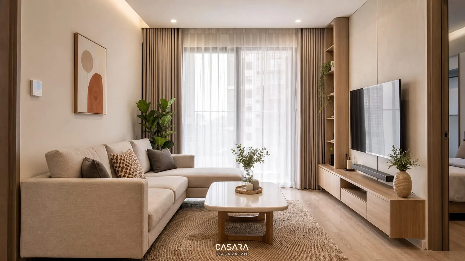 Phòng khách chung cư phong cách hiện đại với sofa và kệ tivi tinh gọn