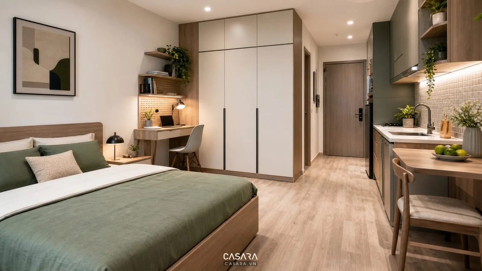 Thiết kế chung cư mini có giường, bàn nhỏ và tủ cao kịch trần