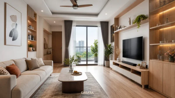cách thiết kế nội thất phòng khách hiện đại với sofa kệ tivi và vật liệu gỗ sáng