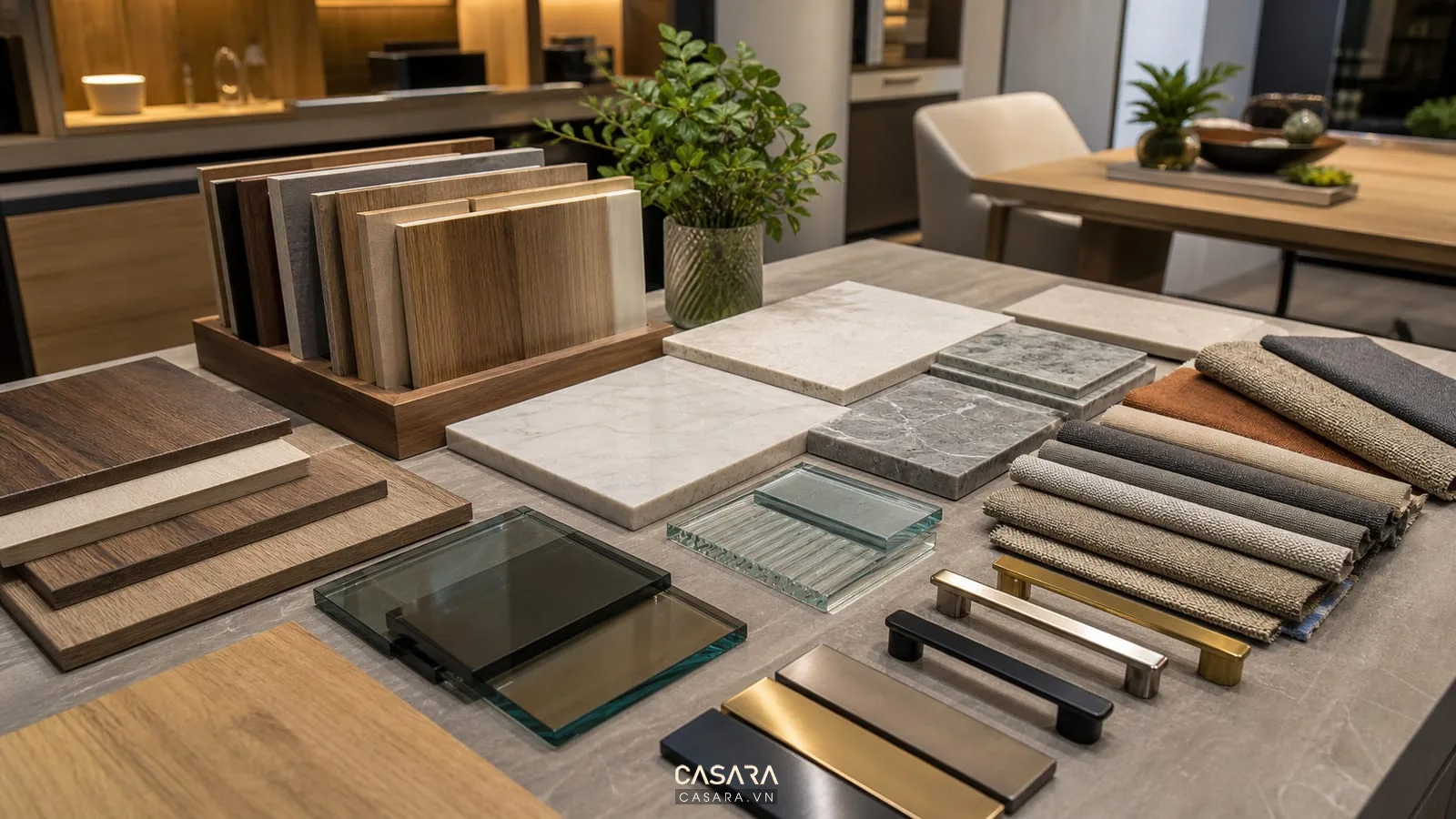 vật liệu trong cách thiết kế nội thất gồm gỗ đá kính kim loại và vải bọc sofa