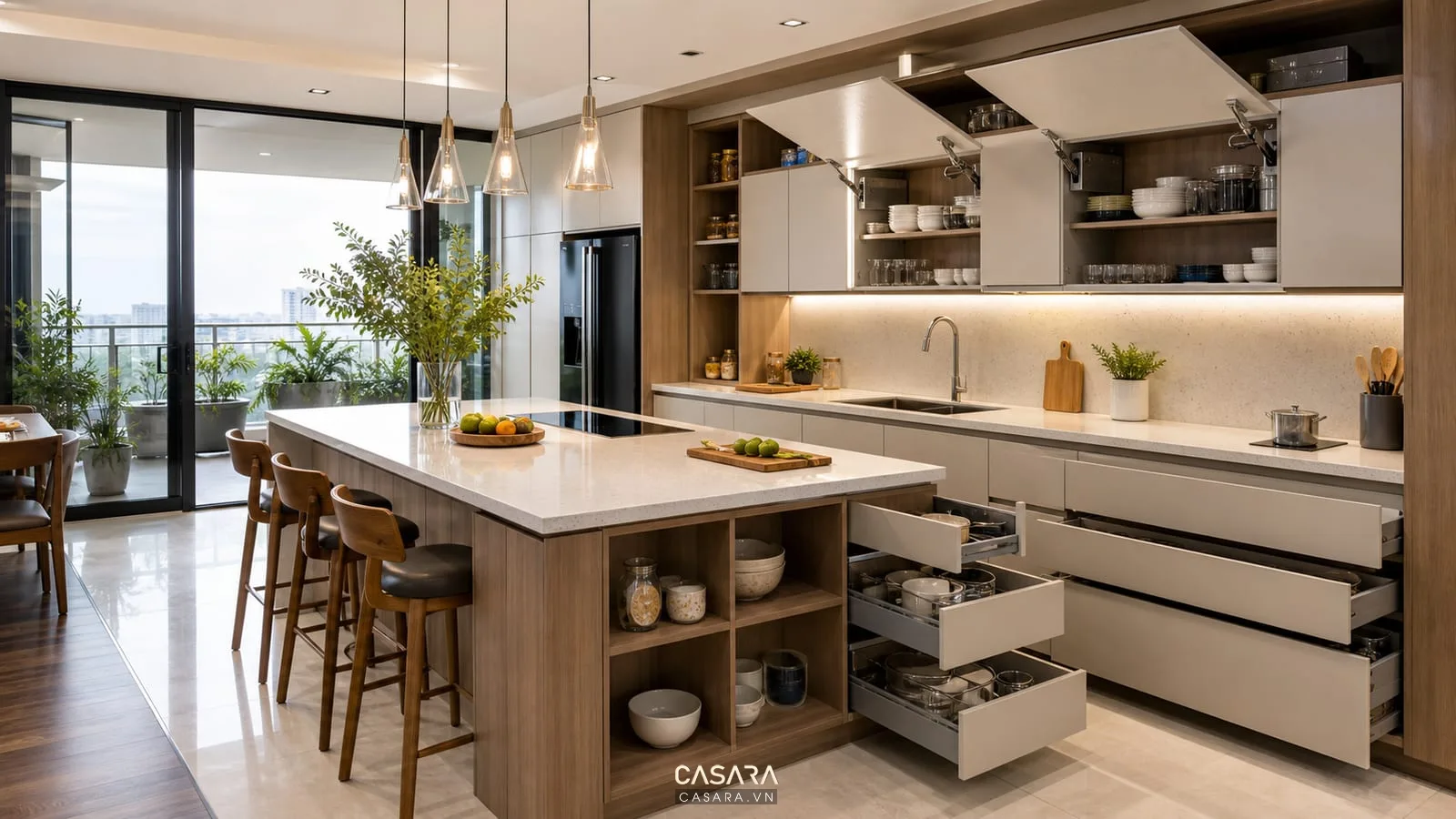 thiết kế nội thất tủ bếp hiện đại với đảo bếp ngăn kéo và mặt đá sáng