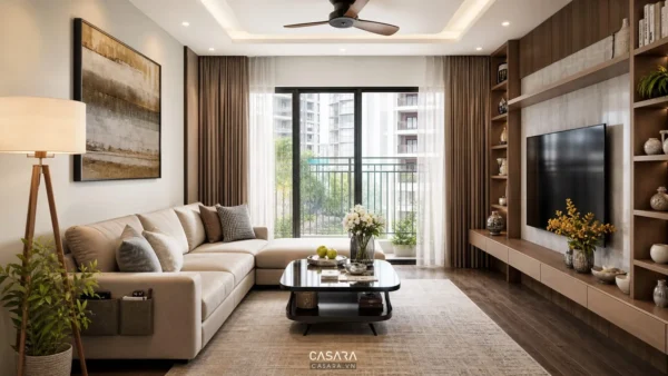 phòng khách đẹp hiện đại với sofa kệ tivi và ánh sáng tự nhiên