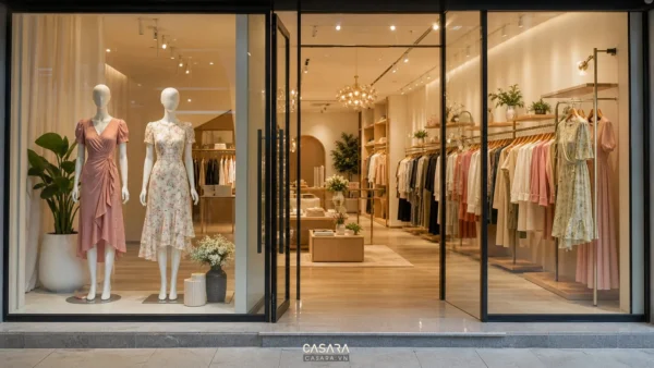 Shop quần áo nữ mặt tiền kính có ma nơ canh mặc váy nữ, kệ treo thời trang nữ, ánh sáng ấm và phong cách boutique hiện đại