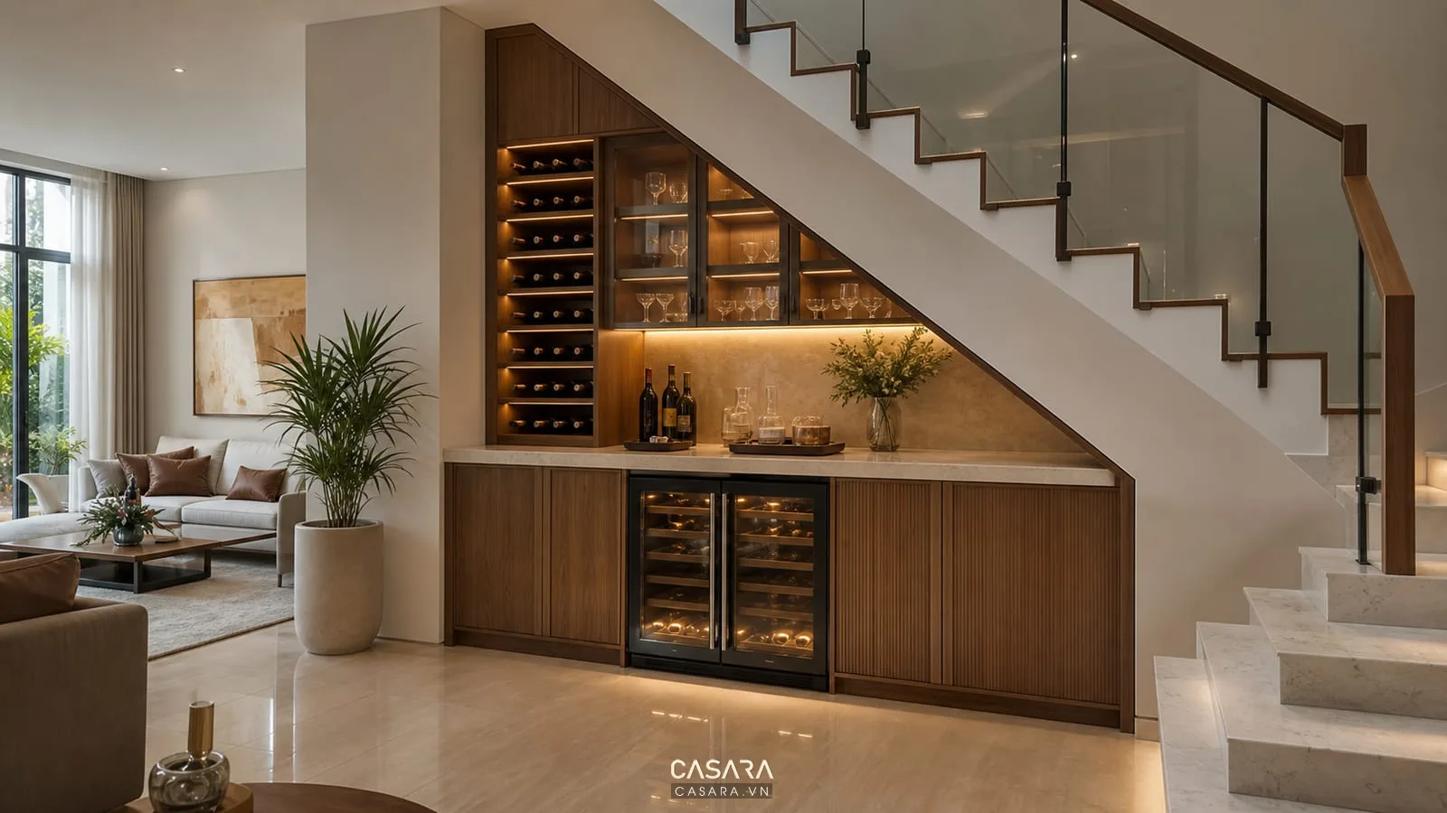 Cách trang trí gầm cầu thang đẹp bằng quầy bar và kệ rượu phòng khách
