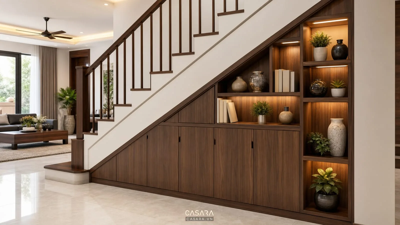 Mẫu thiết kế cầu thang đẹp với gầm thang cạnh bàn ăn có kệ gỗ và tủ kín