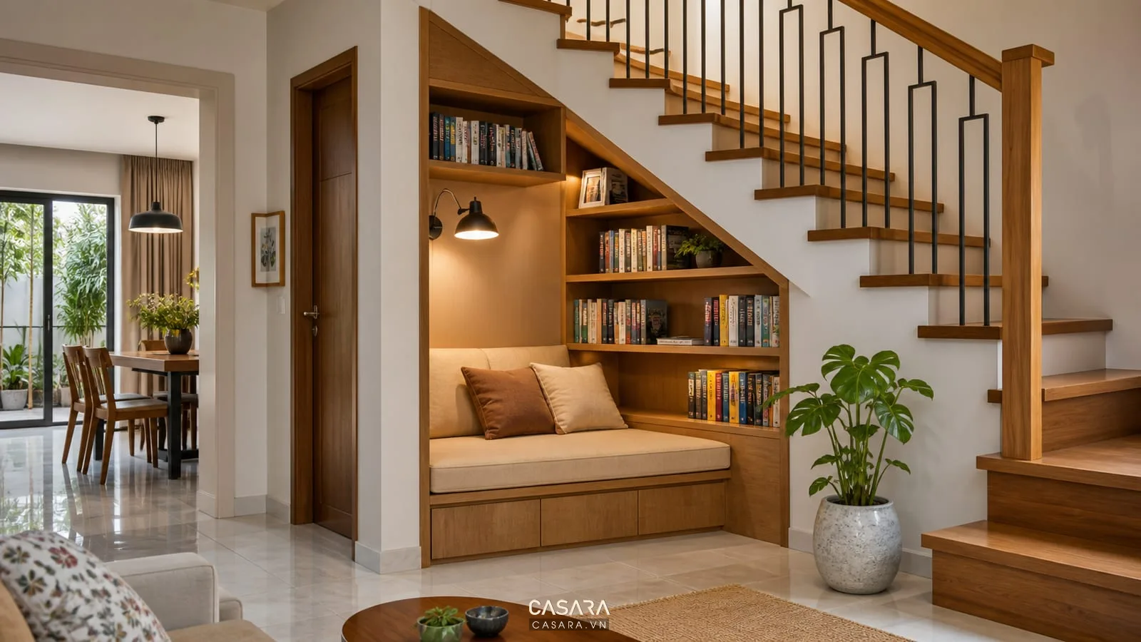 Trang trí góc cầu thang đẹp bằng tủ gỗ và kệ mở dưới gầm cầu thang