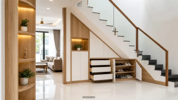 Gầm cầu thang với tủ giày và hộc kéo gỗ công nghiệp màu trắng gỗ