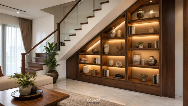 Gầm cầu thang phòng khách có kệ trang trí gỗ với sách và bình gốm