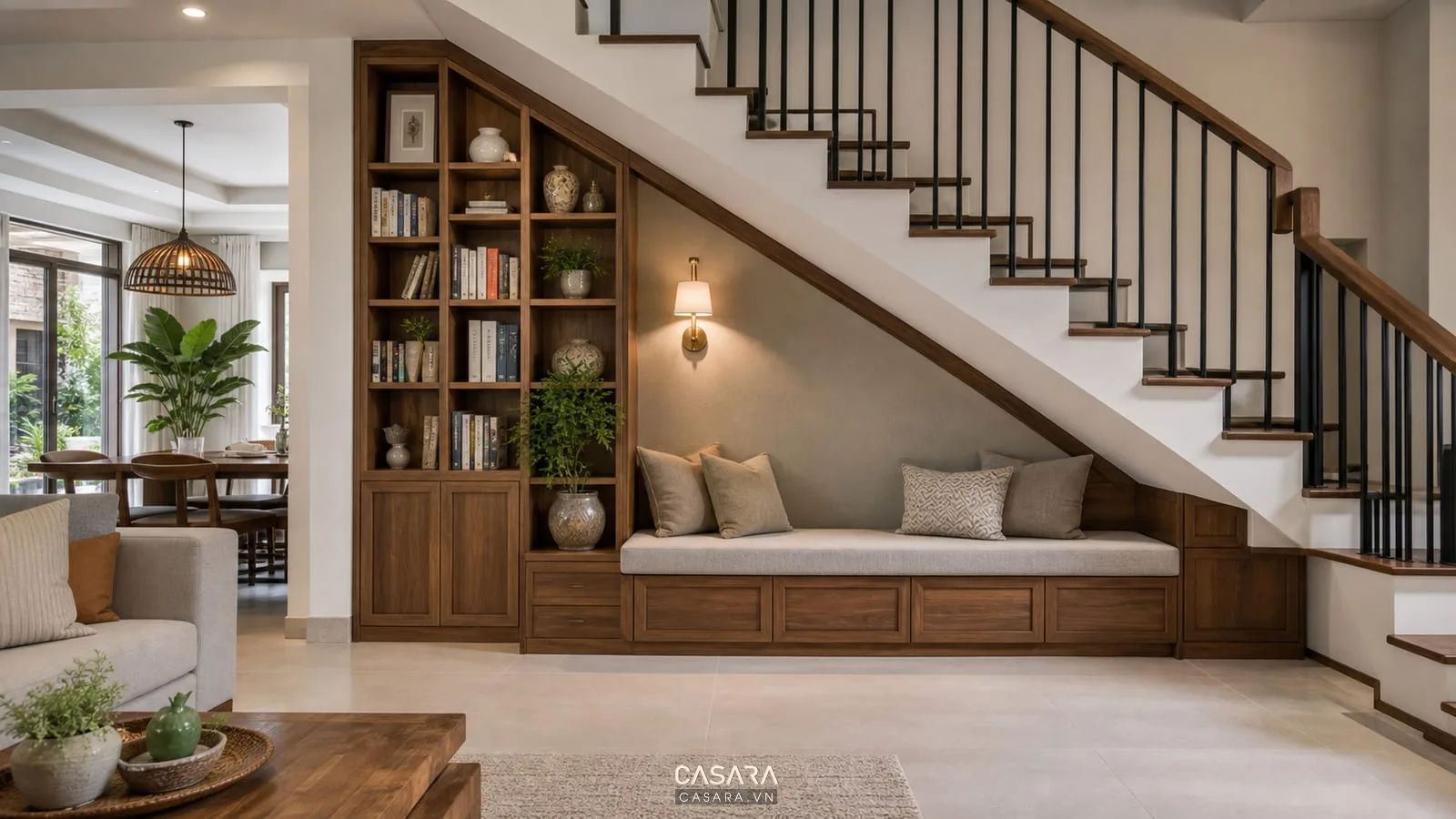 Góc gầm cầu thang phòng khách có kệ sách ghế băng thấp và đèn tường