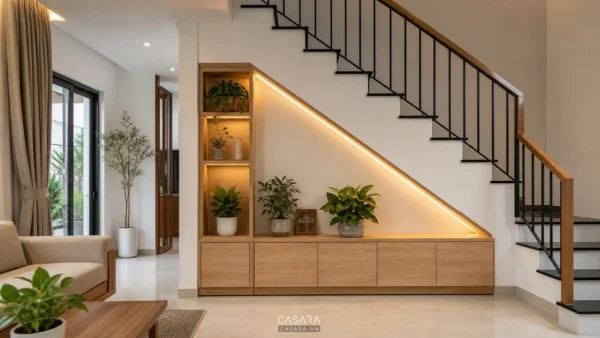 góc cầu thang nhà phố hiện đại với tủ gỗ, cây xanh và đèn trang trí