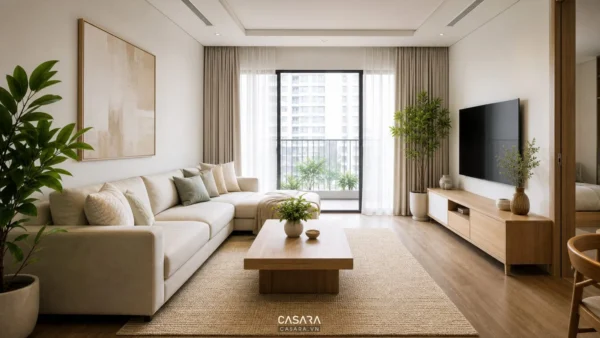 Phòng khách đẹp hiện đại với sofa sáng màu bàn trà gỗ thảm trung tính kệ tivi gọn và ánh sáng tự nhiên