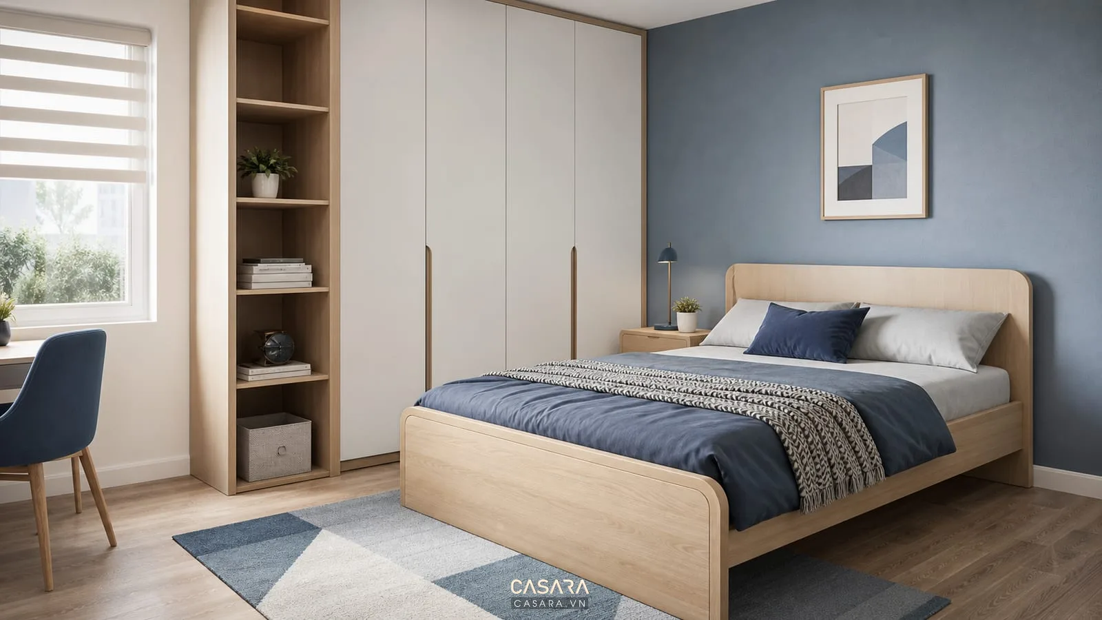 Phòng ngủ bé trai với giường gỗ bo cạnh, tủ áo cánh phẳng và màu xanh xám