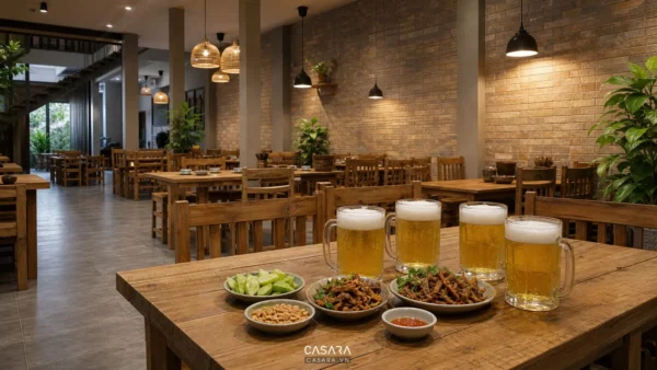 Không gian quán bia hơi có bàn ghế gỗ, tường gạch thẻ, đèn treo ấm và bàn đồ nhậu với ly bia.